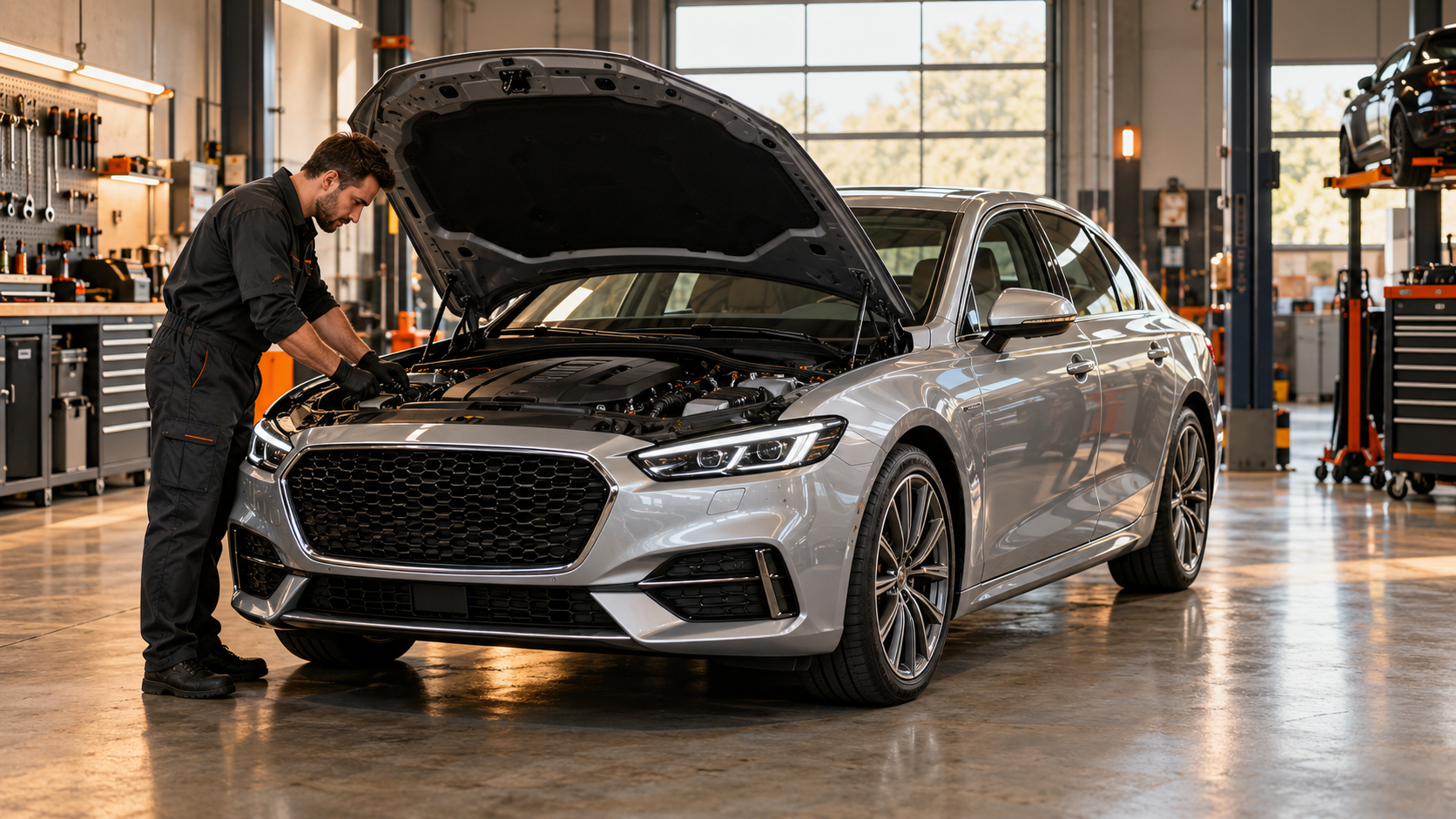 Mechanic inspecting a silver car inside a clean modern workshop